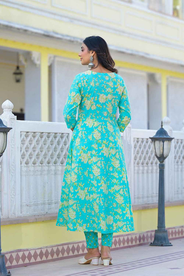 Turquoise Floral Print Zari Work Pure Cotton Kurti Pant Set