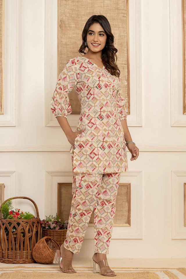 Beige Geometric Print Cotton Co-Ord Set