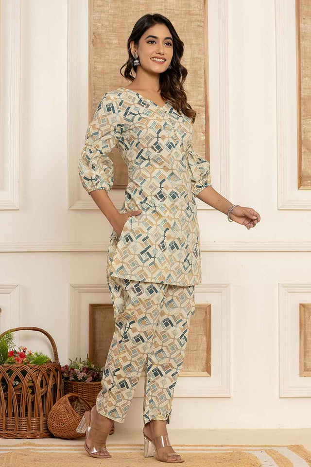 Grey Geometric Print Cotton Co-Ord Set