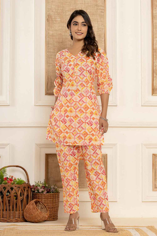 Pink Geometric Print Cotton Co-Ord Set