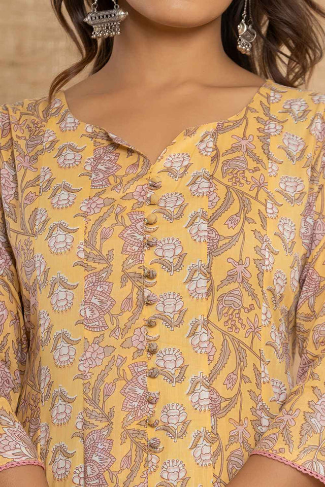 Yellow Floral Print Pure Cotton Kurti Pant Set