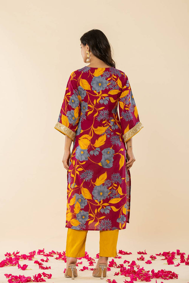 Maroon Floral Printed Cotton Straight Cut Suit Set