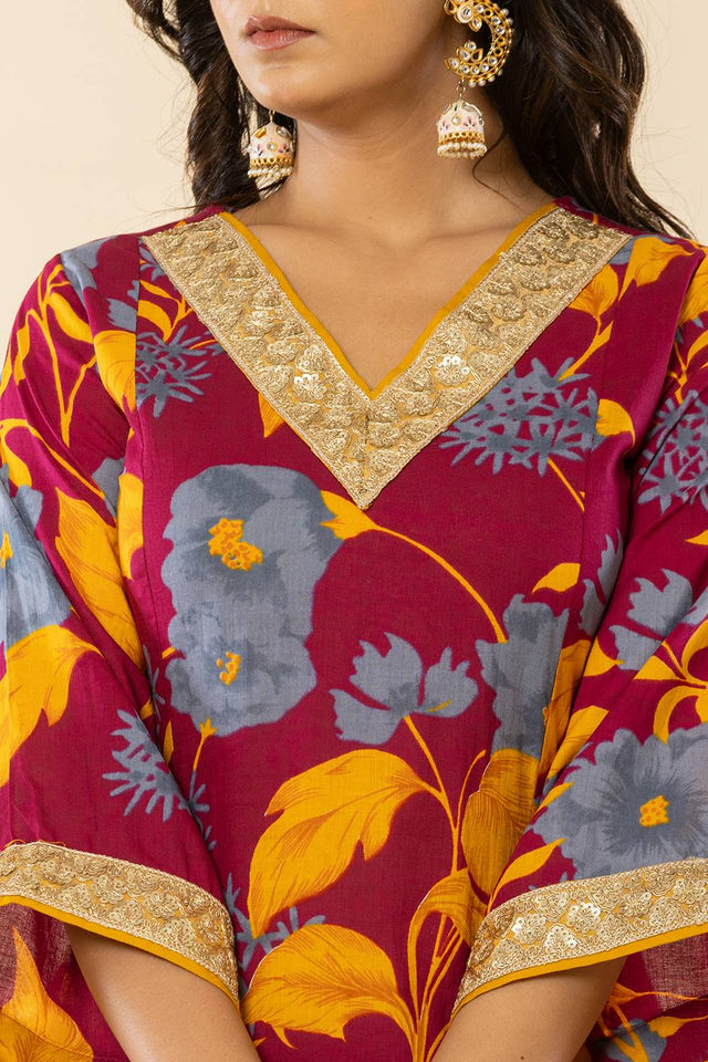 Maroon Floral Printed Cotton Straight Cut Suit Set