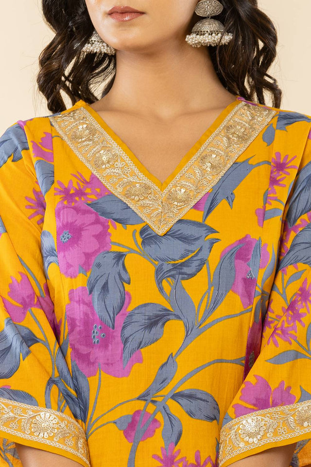 Mustard Floral Printed Cotton Straight Cut Suit Set