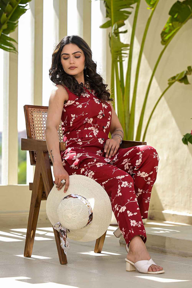 Red Floral Print Cotton Co-Ord Set