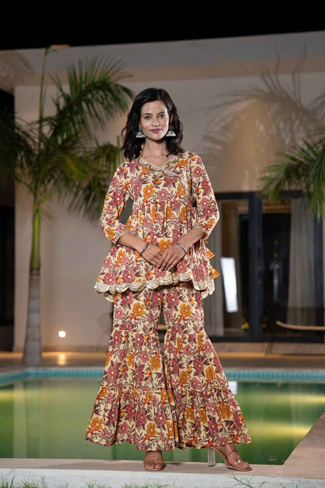 Beige Patch Work Cotton Co-Ord Set