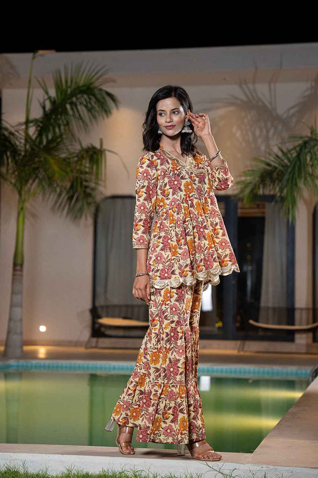 Beige Patch Work Cotton Co-Ord Set