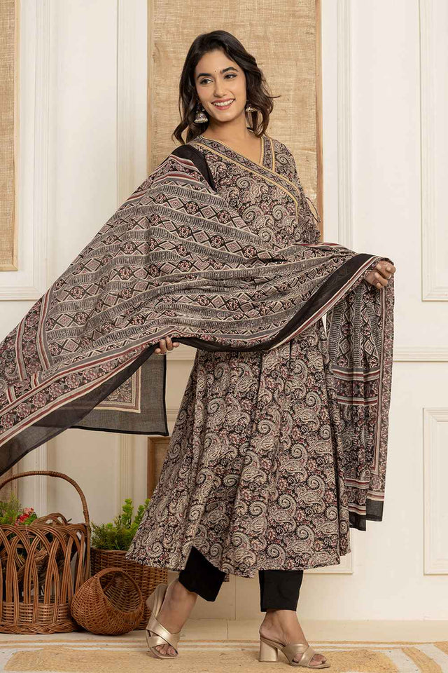 Black Paisley Print Pure Cotton Kurti Pant Set