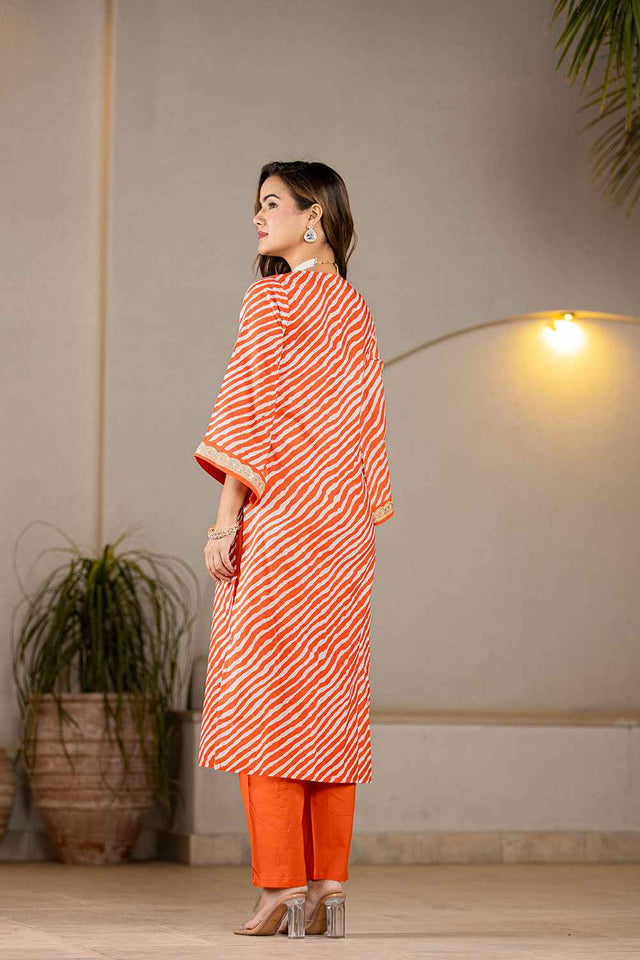 Orange Leheriya Patch Work Pure Cotton Kurti Pant Set