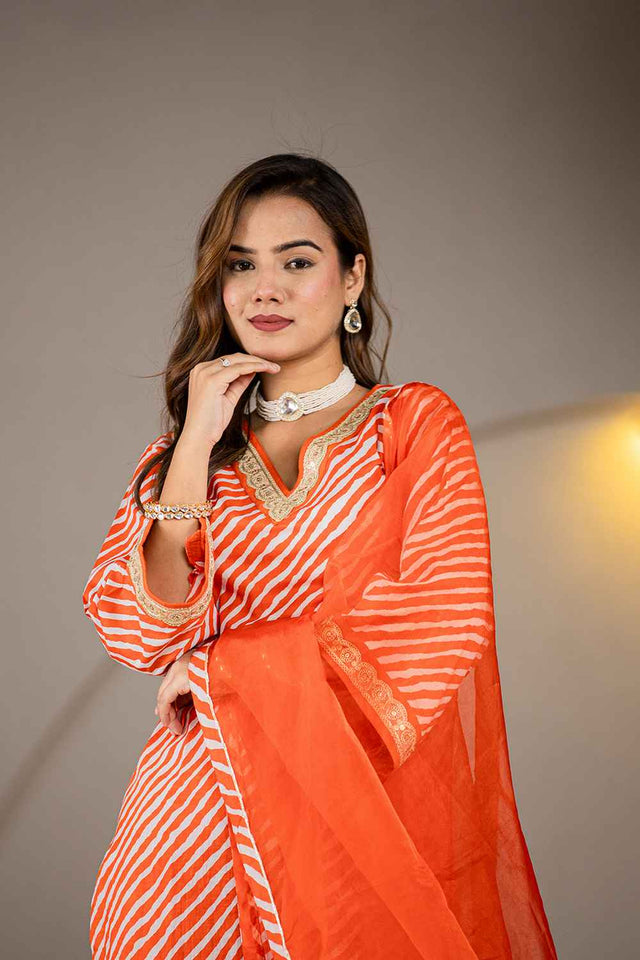 Orange Leheriya Patch Work Pure Cotton Kurti Pant Set