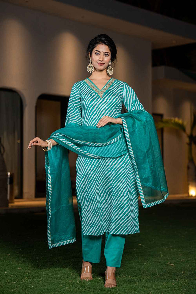 Green Leheriya Patch Work Pure Cotton Kurti Pant Set