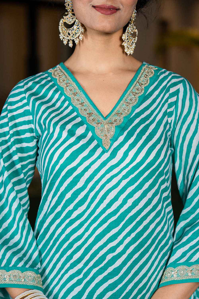 Green Leheriya Patch Work Pure Cotton Kurti Pant Set