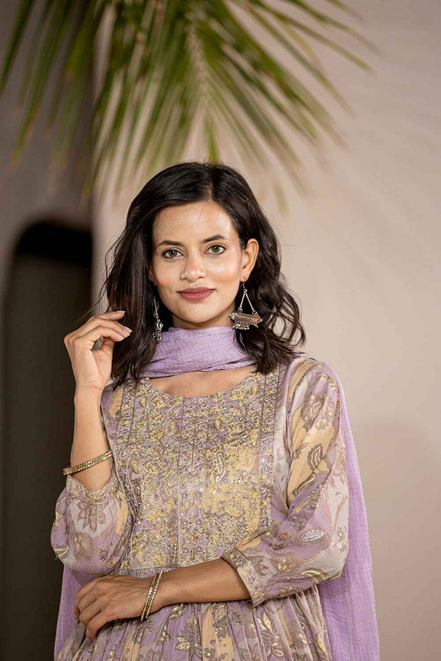 Violet Floral Print Sequins Work Organic Kurti Pant Set (6964SKDPR)