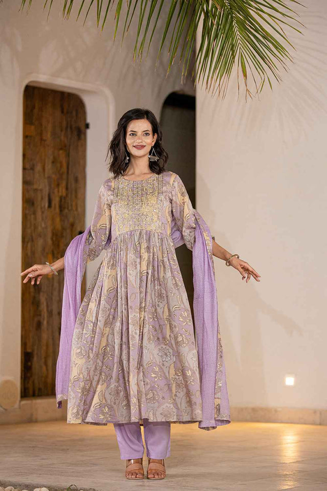 Violet Floral Print Sequins Work Organic Kurti Pant Set (6964SKDPR)