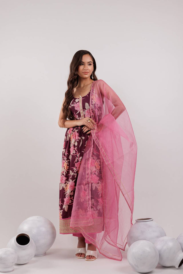 Maroon Floral Printed Cotton Straight Cut Suit Set