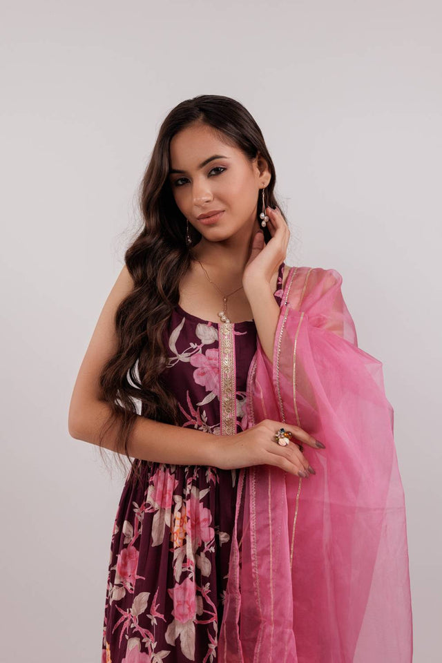 Maroon Floral Printed Cotton Straight Cut Suit Set