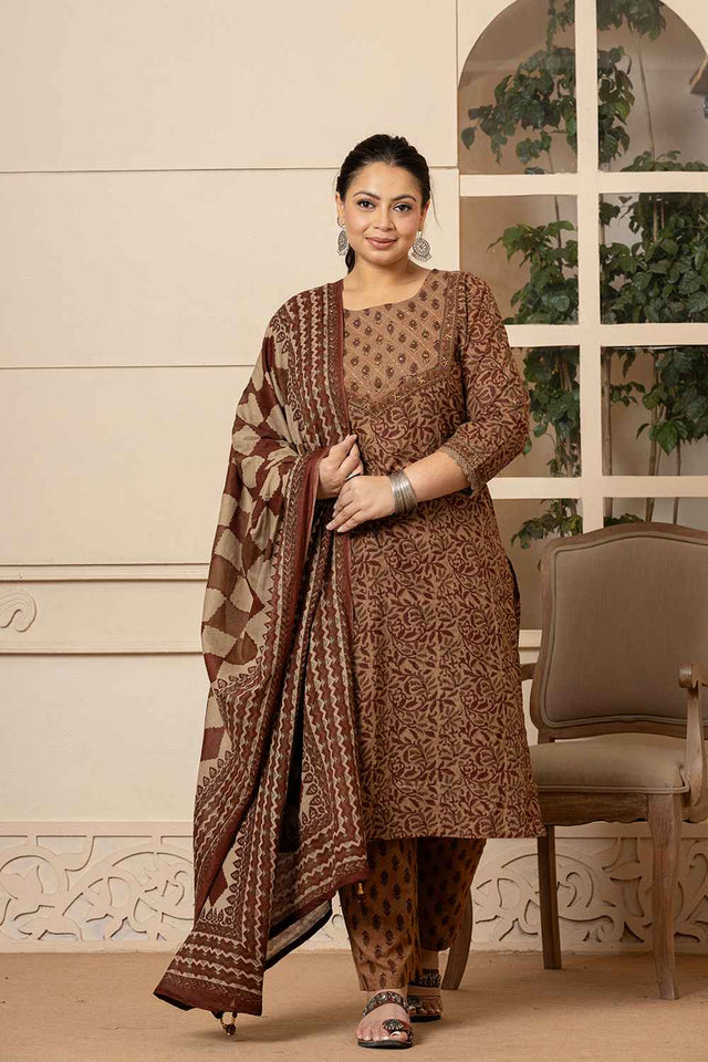 Brown Ethnic Motifs Sequins Work Pure Cotton Kurti Pant Set
