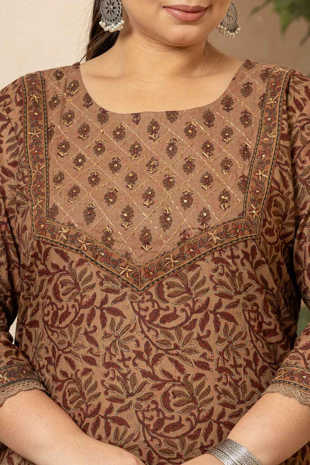 Brown Ethnic Motifs Sequins Work Pure Cotton Kurti Pant Set