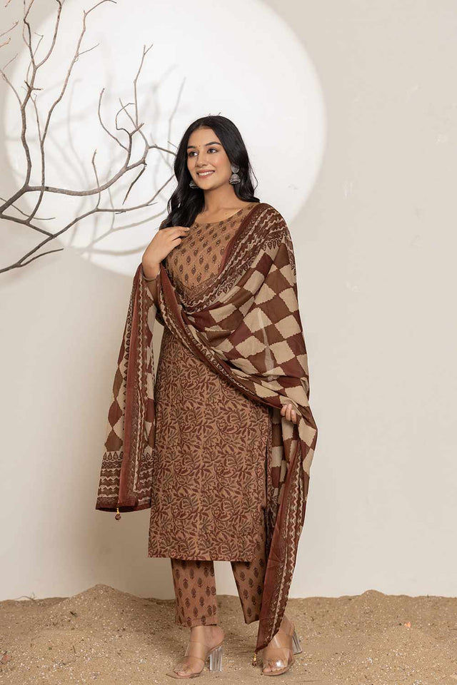 Brown Printed Cotton Kurti Pant Set