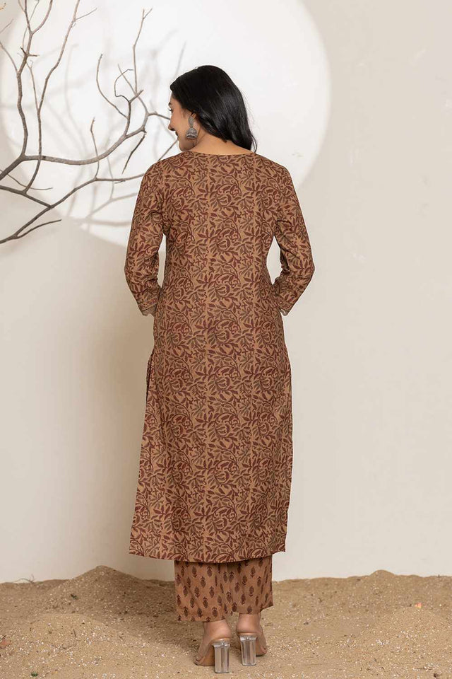 Brown Printed Cotton Kurti Pant Set
