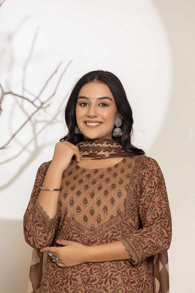 Brown Printed Cotton Kurti Pant Set