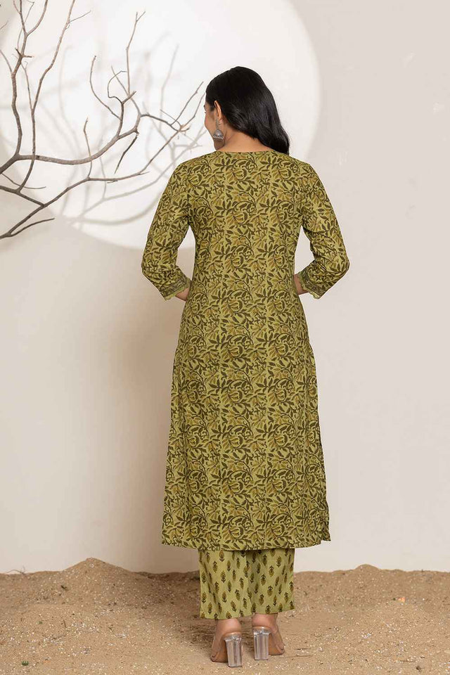 Green Gometric Print Sequins Work Pure Cotton Kurti Pant Set