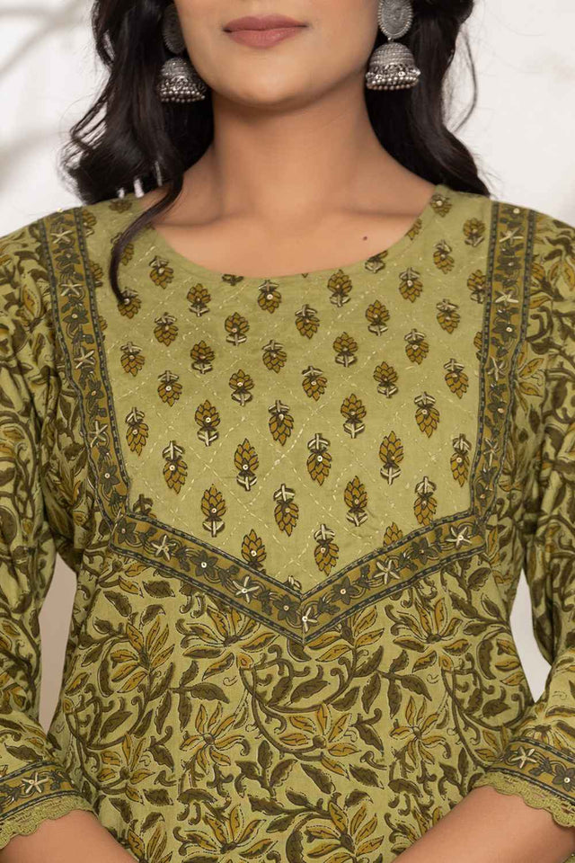 Green Gometric Print Sequins Work Pure Cotton Kurti Pant Set