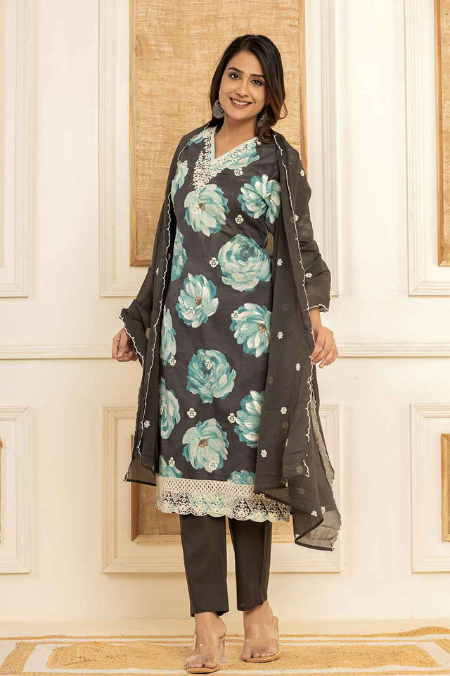 Black Floral Print Thread Work Pure Cotton Kurti Pant Set
