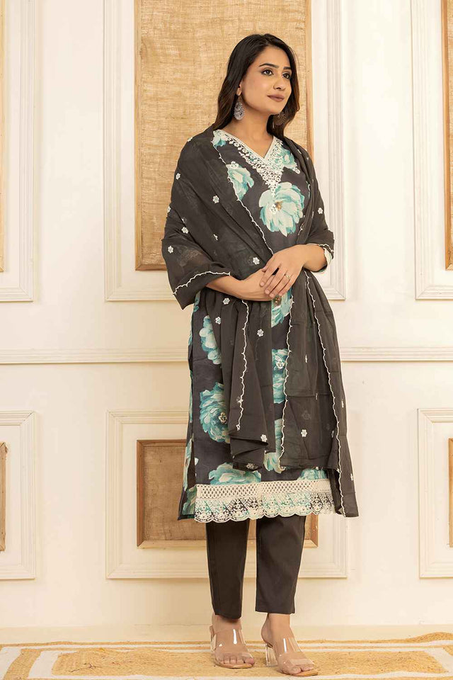 Black Floral Print Thread Work Pure Cotton Kurti Pant Set