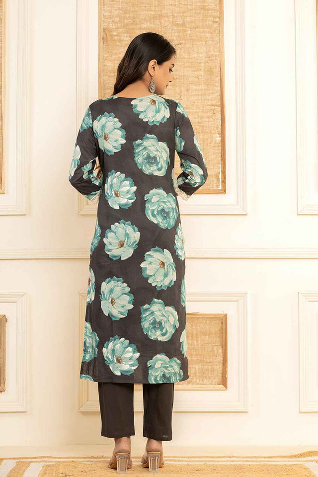 Black Floral Print Thread Work Pure Cotton Kurti Pant Set