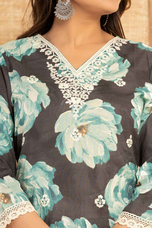 Black Floral Print Thread Work Pure Cotton Kurti Pant Set