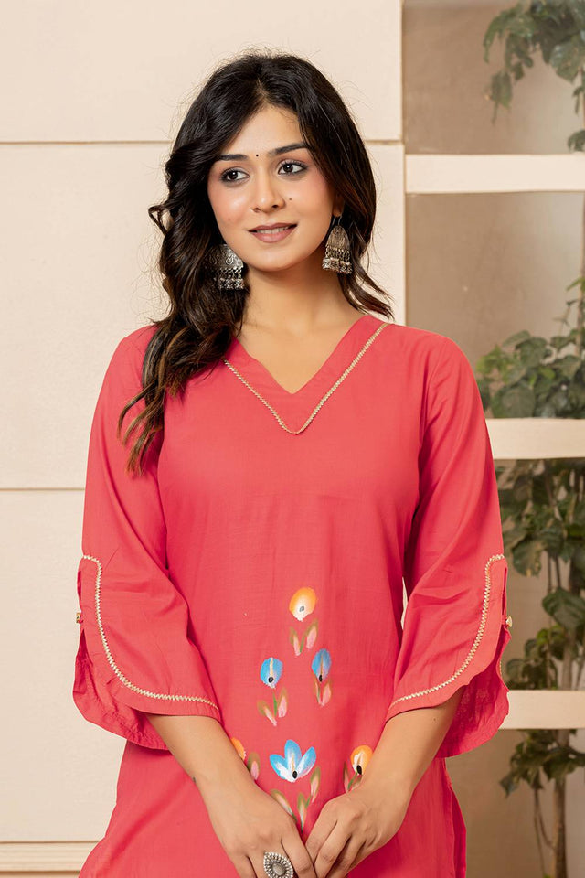 Dark Pink Floral Printed Cotton Straight Kurti