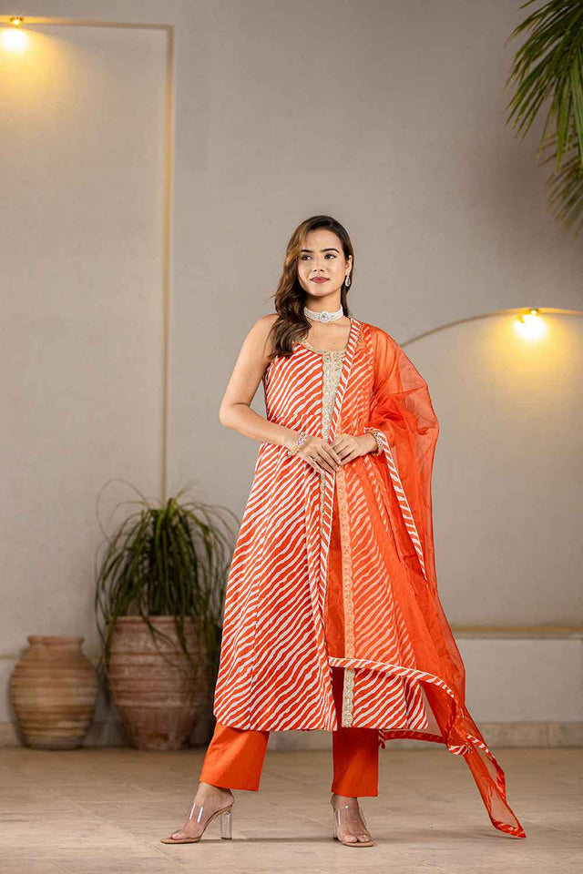 Orange Leheriya Lace Work Pure Cotton Kurti Pant Set