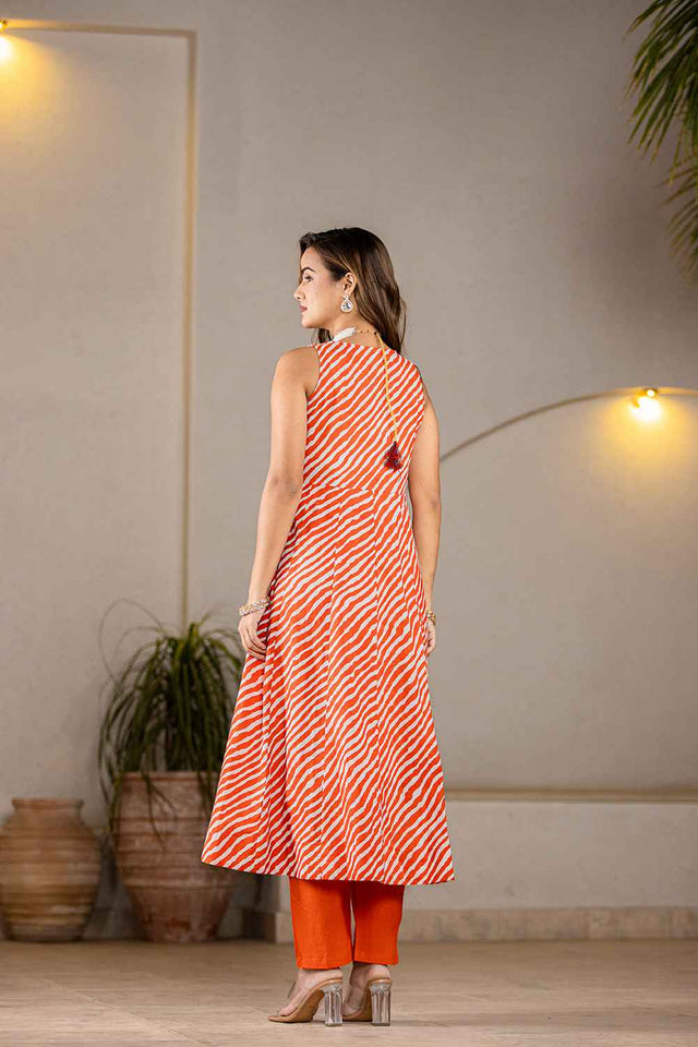 Orange Leheriya Lace Work Pure Cotton Kurti Pant Set