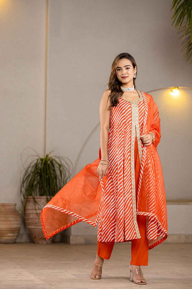 Orange Leheriya Lace Work Pure Cotton Kurti Pant Set