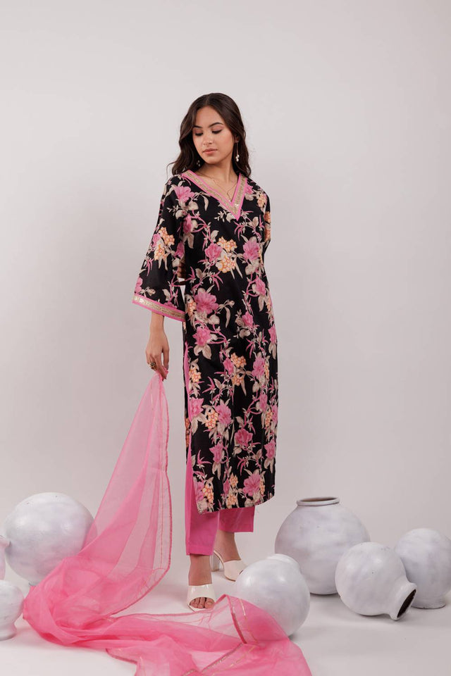 Black Floral Printed Cotton Straight Cut Suit Set