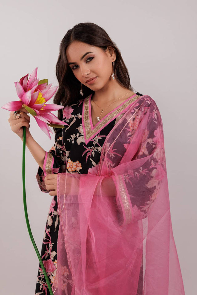 Black Floral Printed Cotton Straight Cut Suit Set