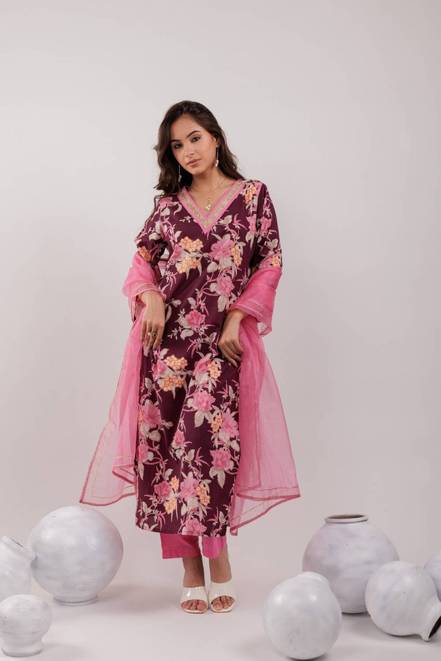 Maroon Floral Printed Cotton Straight Cut Suit Set