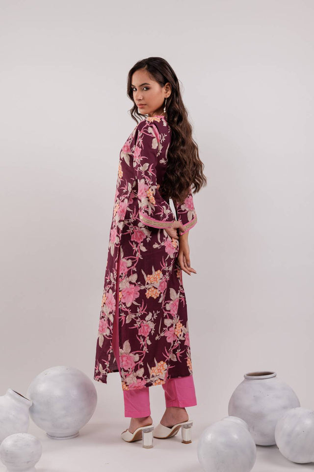 Maroon Floral Printed Cotton Straight Cut Suit Set