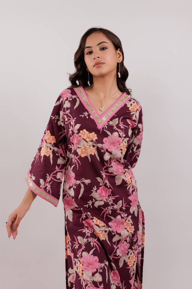 Maroon Floral Printed Cotton Straight Cut Suit Set