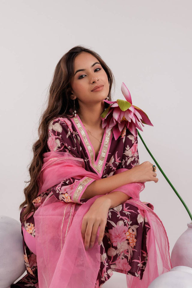 Maroon Floral Printed Cotton Straight Cut Suit Set