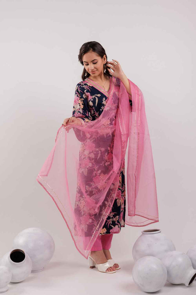 Blue Floral Print Lace Work Pure Cotton Kurti Pant Set