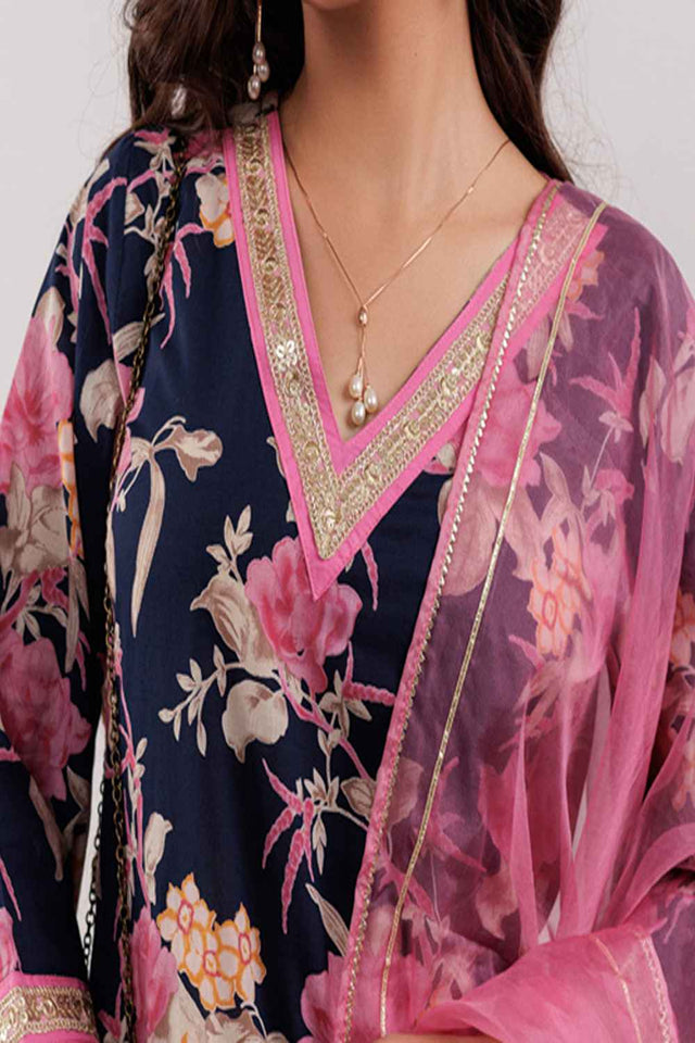 Blue Floral Print Lace Work Pure Cotton Kurti Pant Set