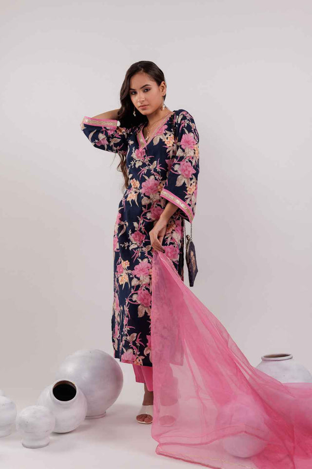 Blue Floral Print Lace Work Pure Cotton Kurti Pant Set