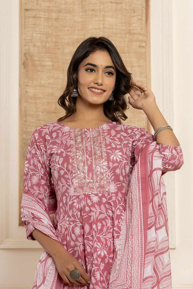 Mauve Floral Print Cotton Kurti Pant Set