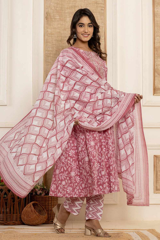 Mauve Floral Print Cotton Kurti Pant Set