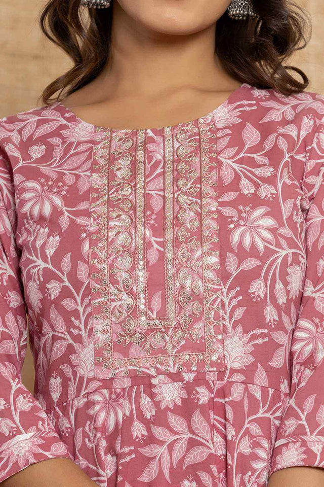 Mauve Floral Print Cotton Kurti Pant Set