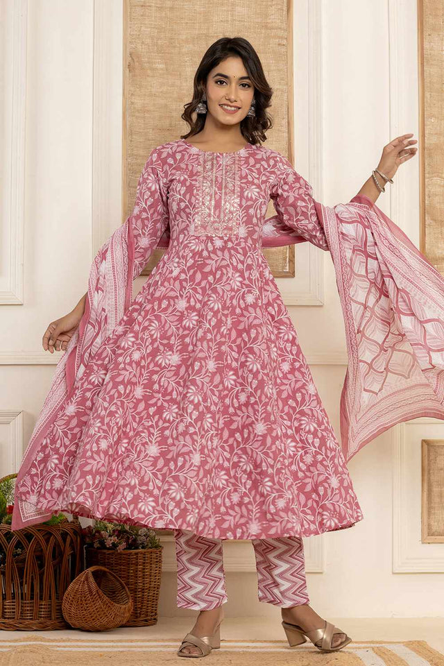 Mauve Floral Print Cotton Kurti Pant Set