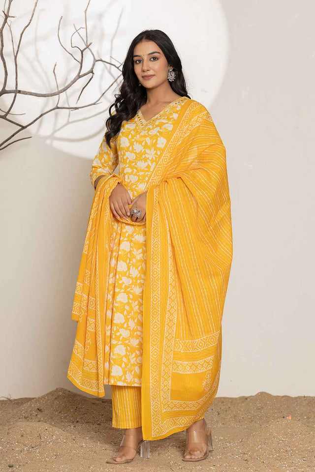 Yellow Floral Print Embroidered Pure Cotton Kurti Pant Set