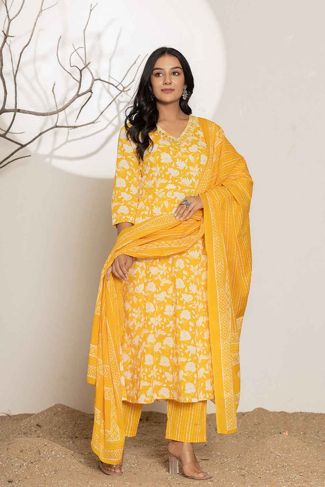 Yellow Floral Print Embroidered Pure Cotton Kurti Pant Set